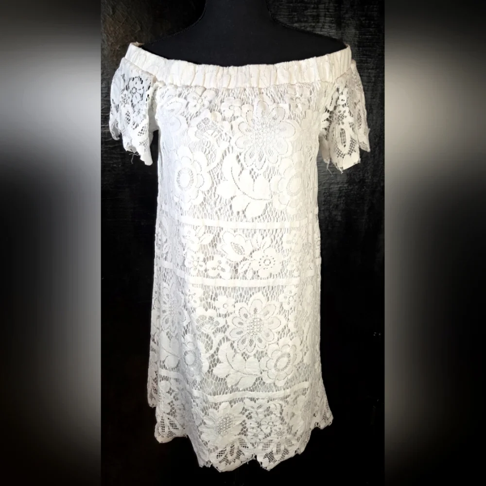 "Skies Are Blue" Off-The-Shoulder White Lace Dress Has Only Been Worn Once - Picture 2 of 15